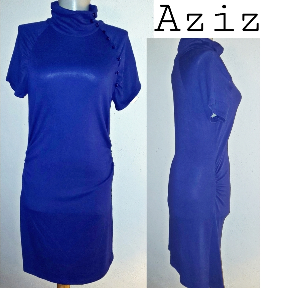 Aziz purple mock neck ruched knit sweater dress.